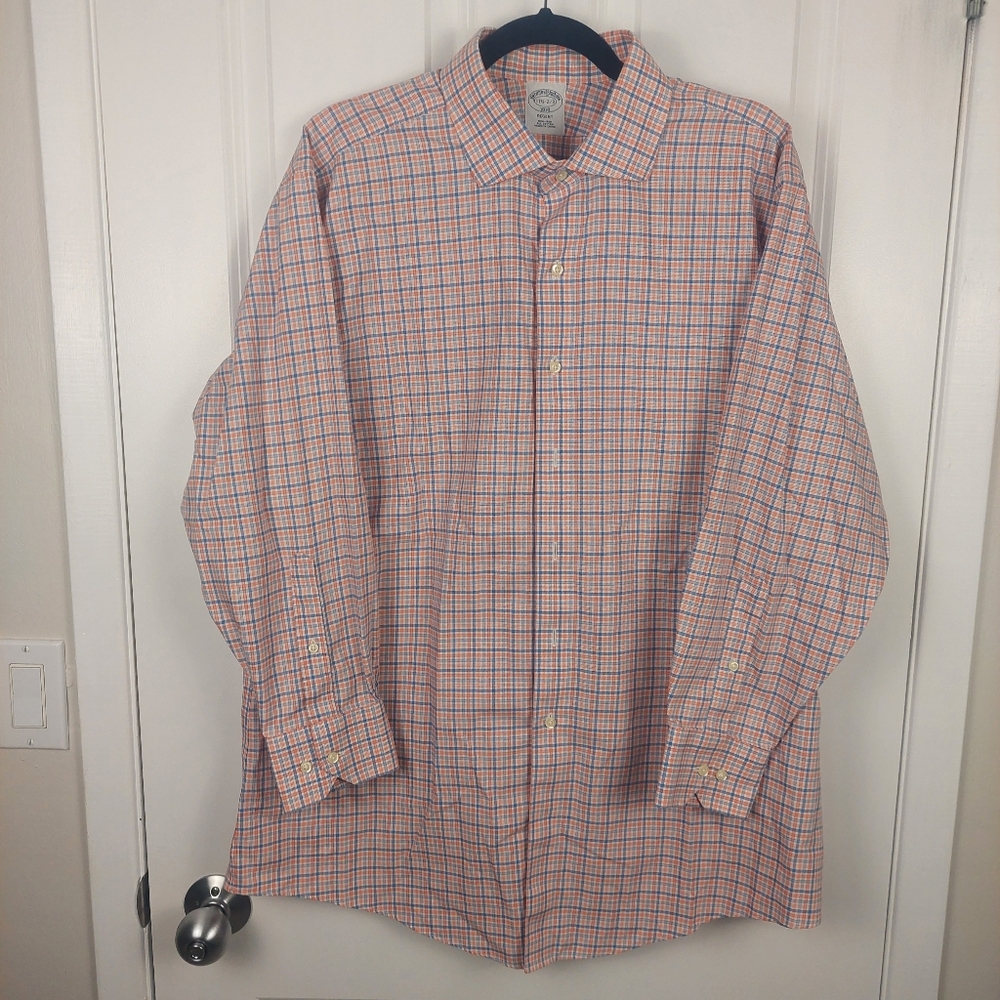 Brooks Brothers Non-Iron Cotton Dress Shirt, Men's 17 1/2 Orange & Blue Check